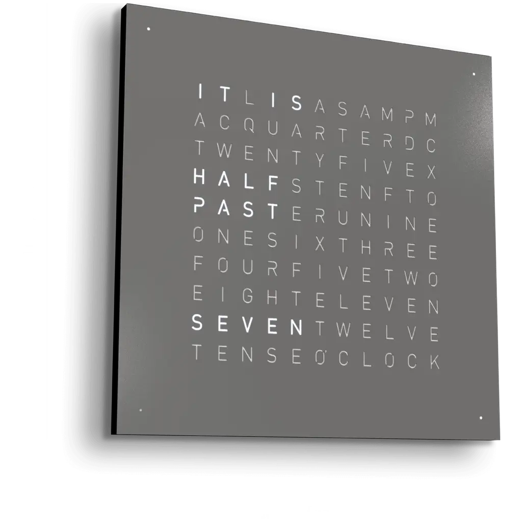 Front view of QLOCKTWO EARTH 45 Grey Pepper wall clock with typographic time display