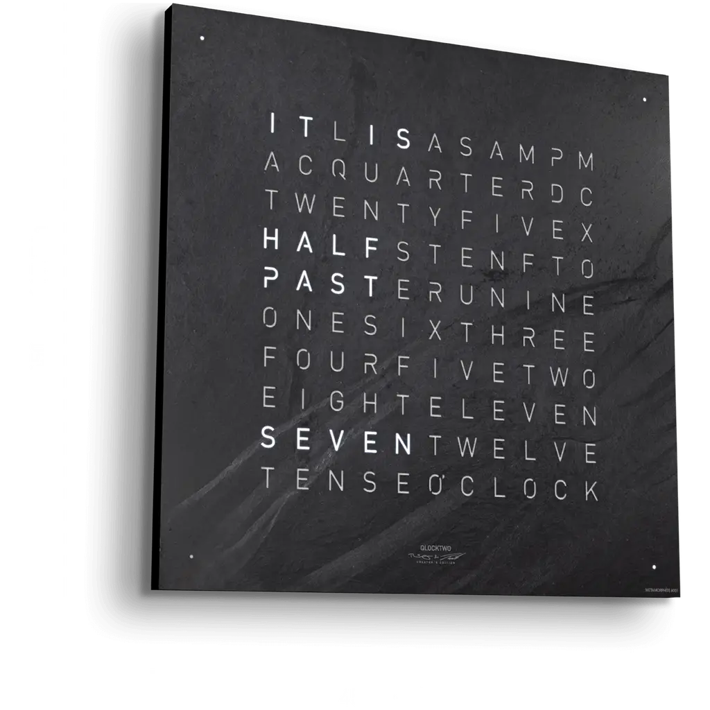 QLOCKTWO EARTH 45 Creator's Edition Metamorphite word clock with natural slate stone surface in an elegant interior