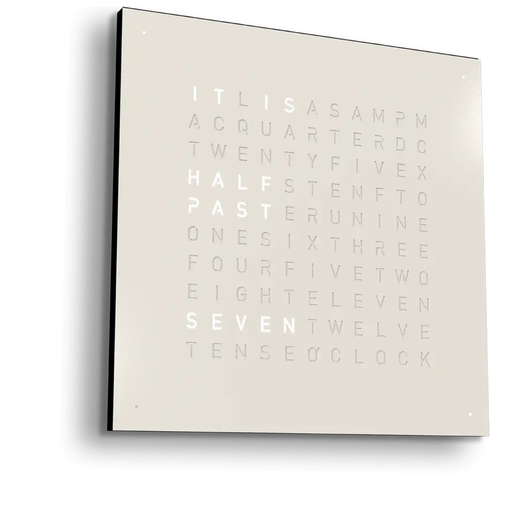 Front view of QLOCKTWO EARTH 45 White Pepper word clock with typographic time display