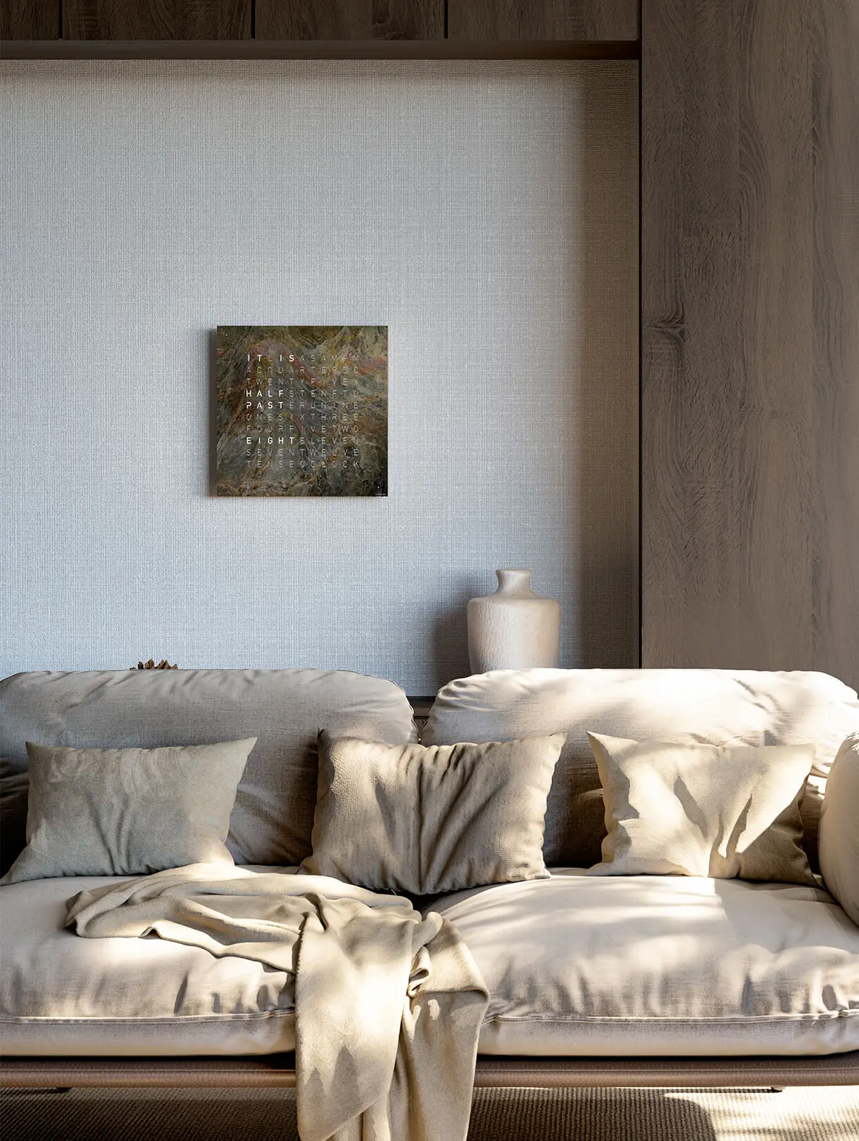 QLOCKTWO EARTH 45 Creator's Edition Glintscape word clock with shimmering sedimentary rock surface in a modern interior