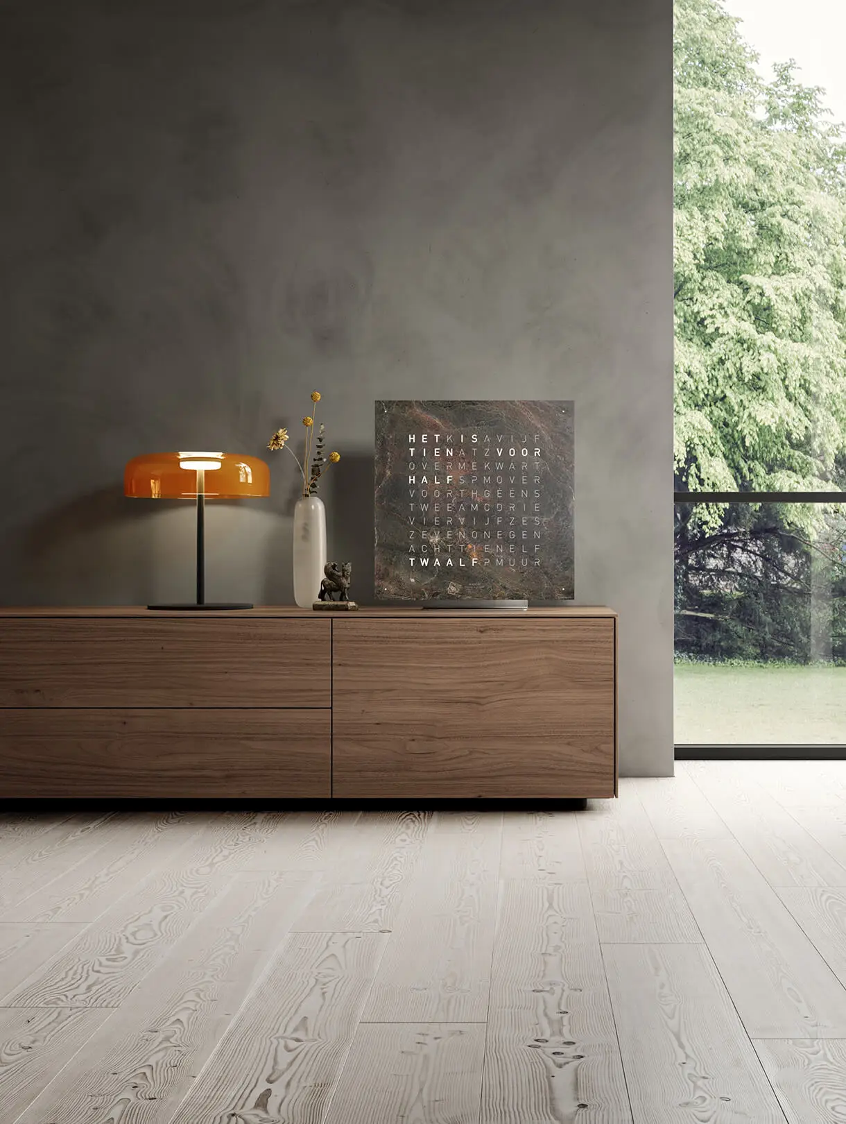 QLOCKTWO EARTH 45 Creator's Edition Glintscape word clock with shimmering sedimentary rock surface in a modern interior