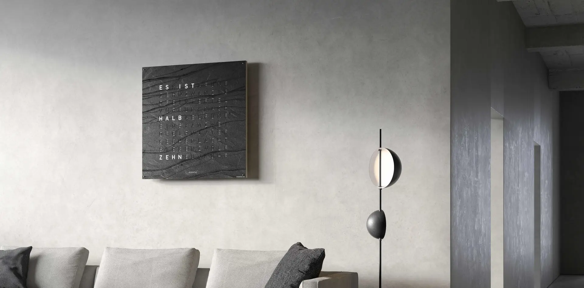 QLOCKTWO EARTH 90 CREATOR'S EDITION METAMORPHITE Design wall clock with a slate stone surface 