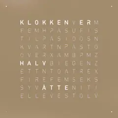 Front view of QLOCKTWO EARTH 45 Hazelnut word clock with typographic time display