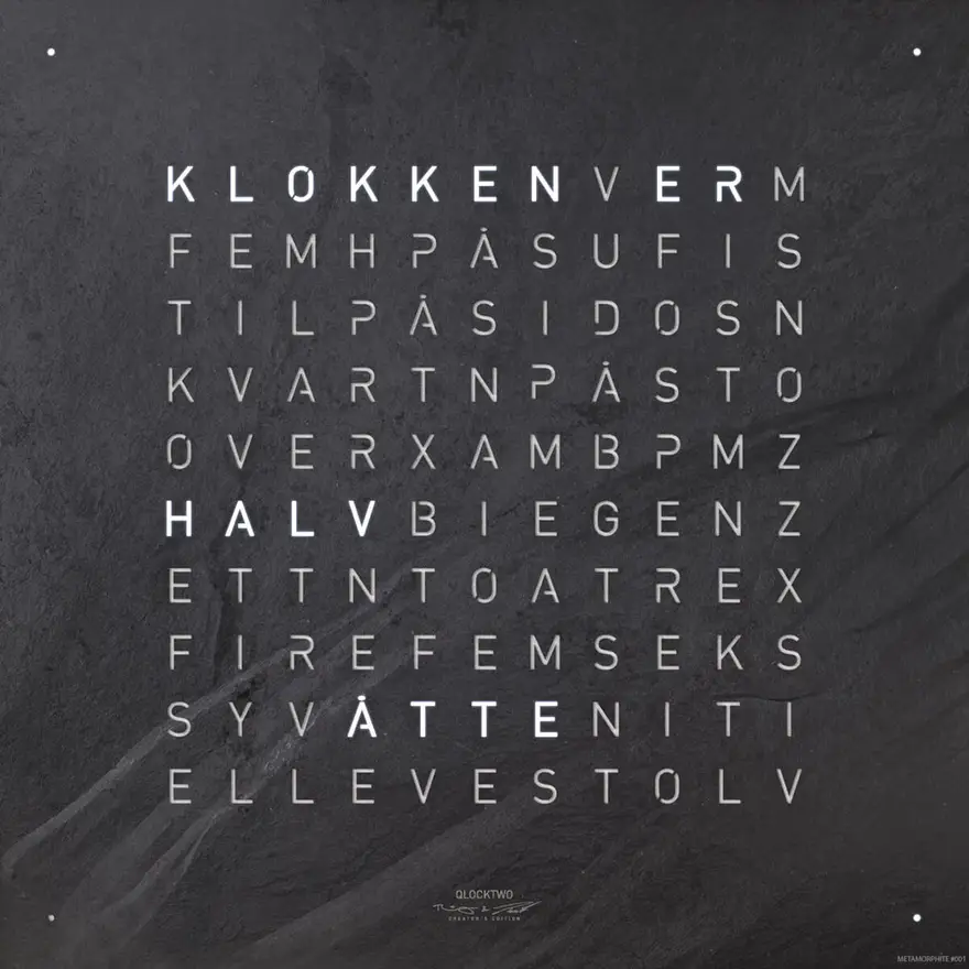 Front view of QLOCKTWO EARTH 45 Creator's Edition Metamorphite word clock natural slate stone front cover