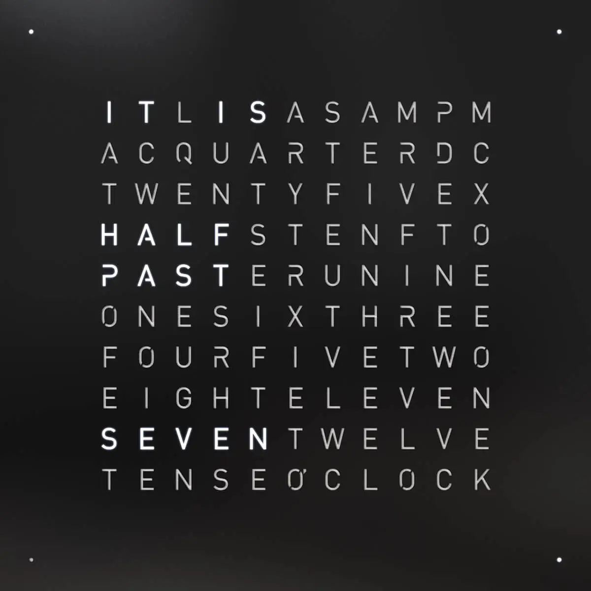 Front view of QLOCKTWO EARTH 45 Black Pepper wall clock with typographic time display