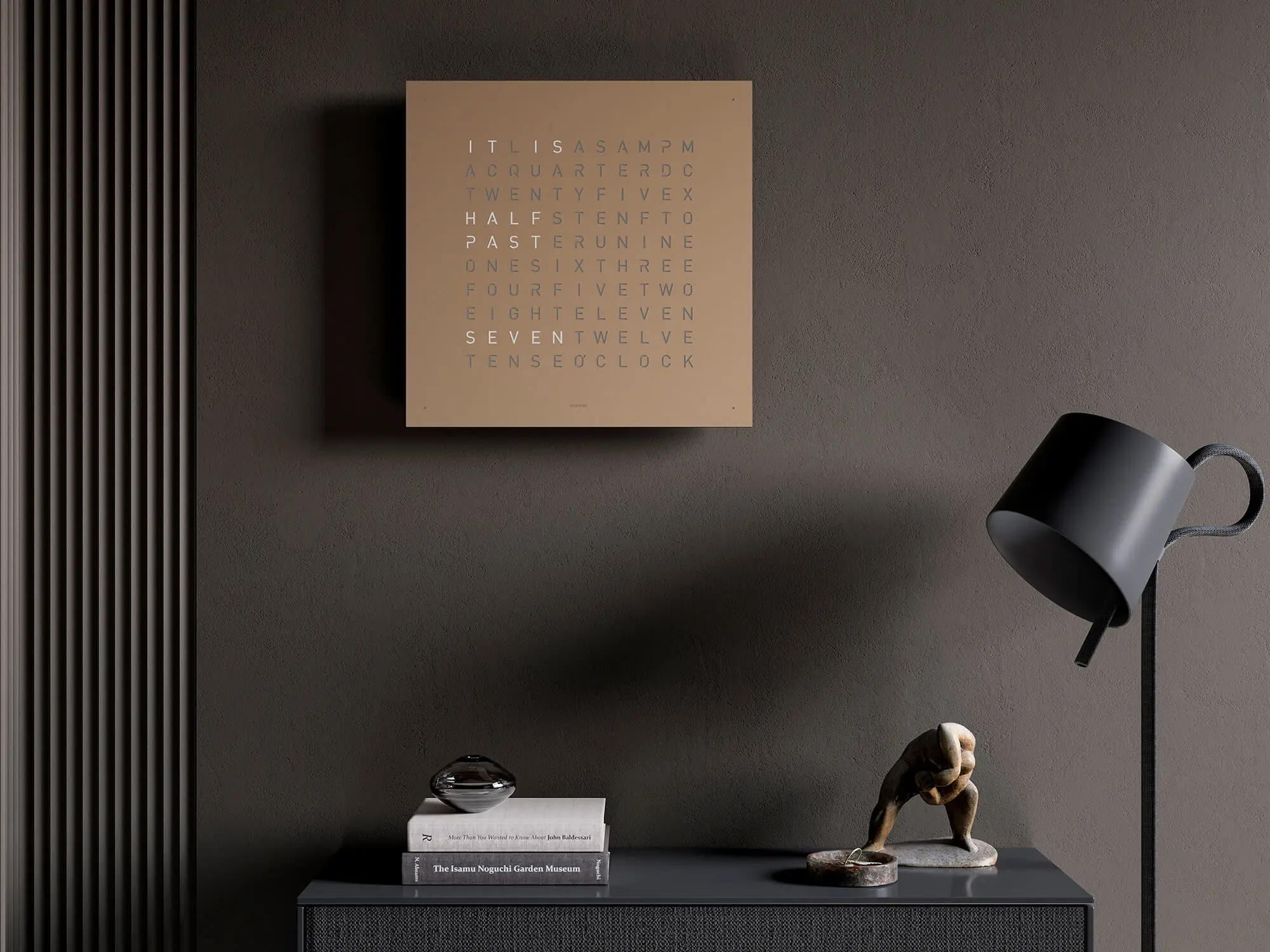 QLOCKTWO EARTH 45 Hazelnut word clock with warm brown finish displayed in a modern living space