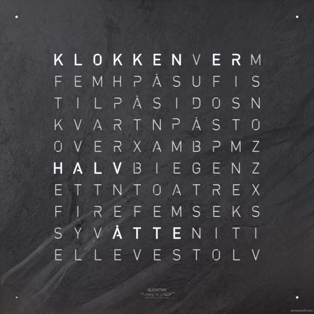 Front view of QLOCKTWO EARTH 45 Creator's Edition Metamorphite word clock natural slate stone front cover