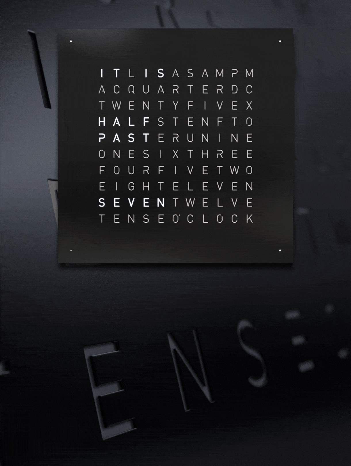 Front view of the QLOCKTWO EARTH 45 STEEL SERIES word clocks with coated stainless steel front cover